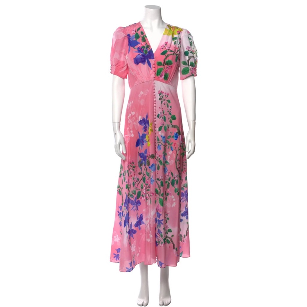 SALONI Vibrant Pink Maxi Dress with Blue Floral Pattern